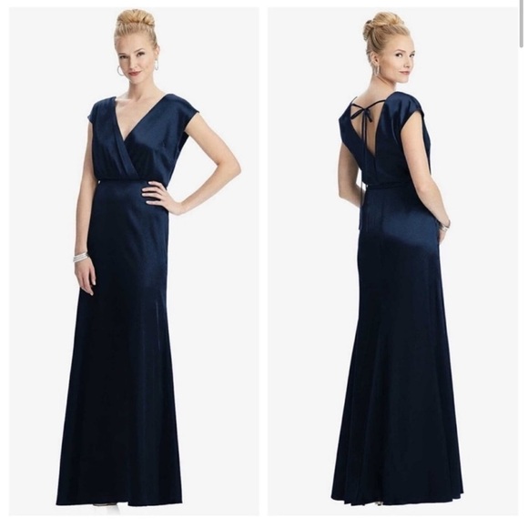Dessy Collection V Neck Stretch Satin Charmeuse Gown In Midnight Blue - Picture 15 of 15